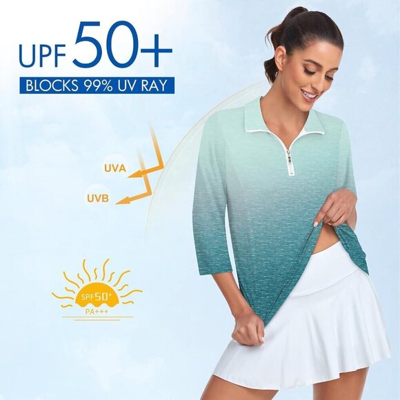 Women's Golf Polo Shirt Moisture Wicking UPF 50+ 3/4 Sleeve Athletic Top - Picture 4 of 5